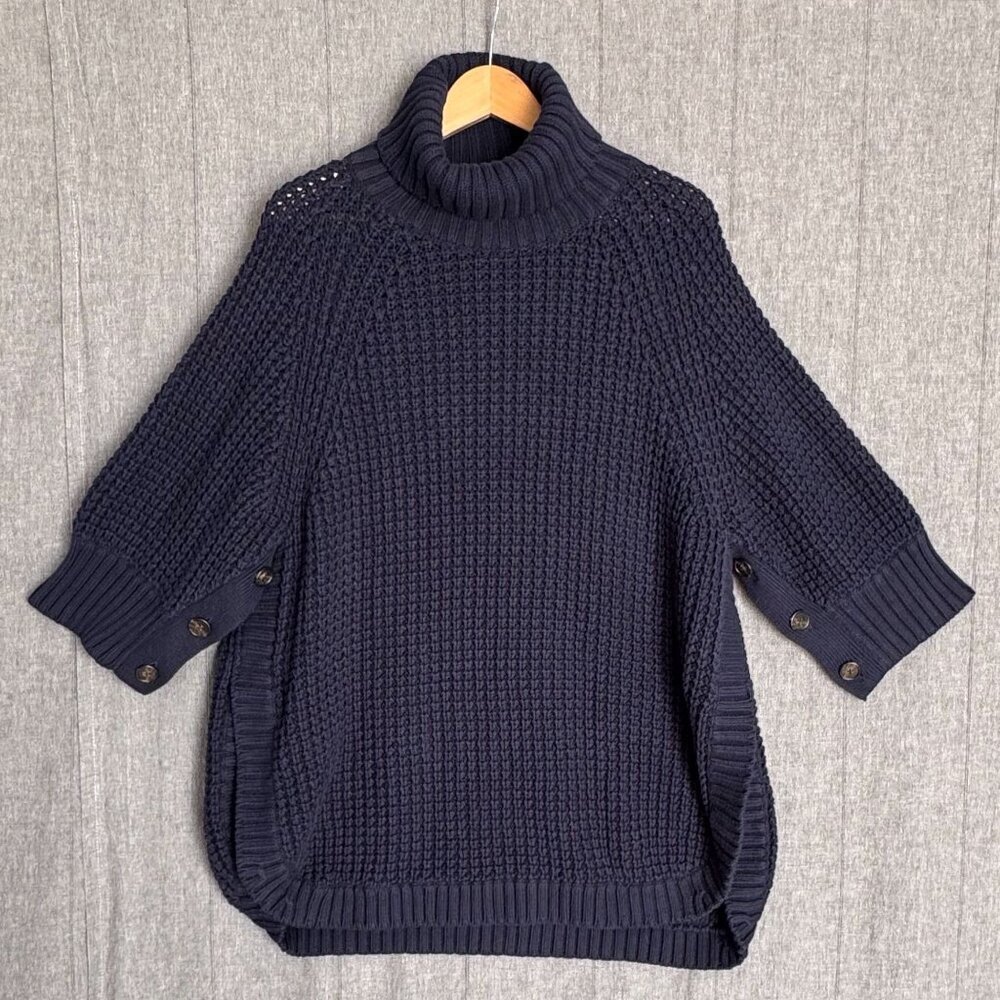 J. Crew Navy Blue Turtle Neck Chunky Knit Half Sleeve Sweater Poncho Size Large